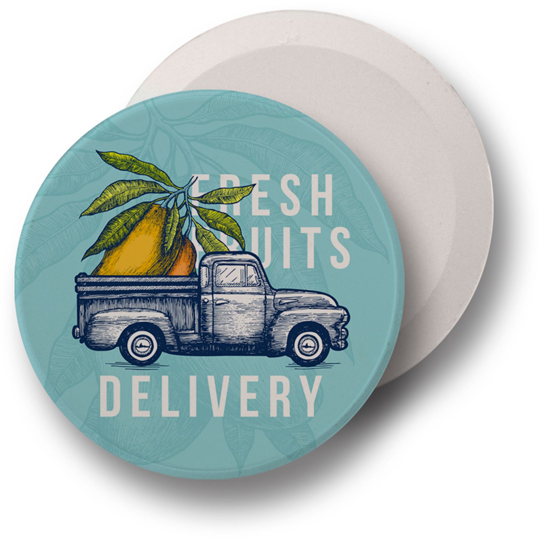 round coaster with truck and "fresh fruits delivery" on the front